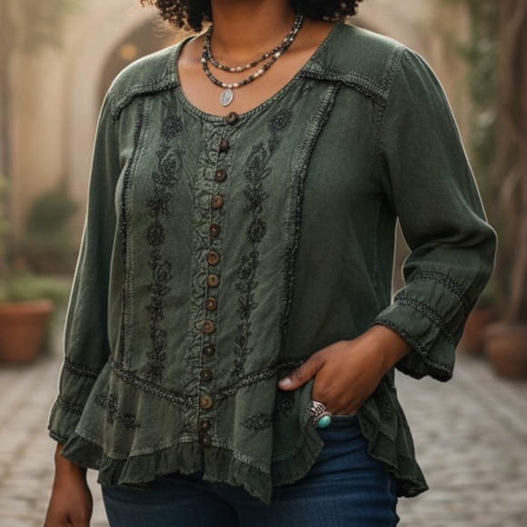 Romantic ROAMANS Forest Green Top 16W | Boho Gypsy Embroidered Revival Y2K Retro - Picture 1 of 10